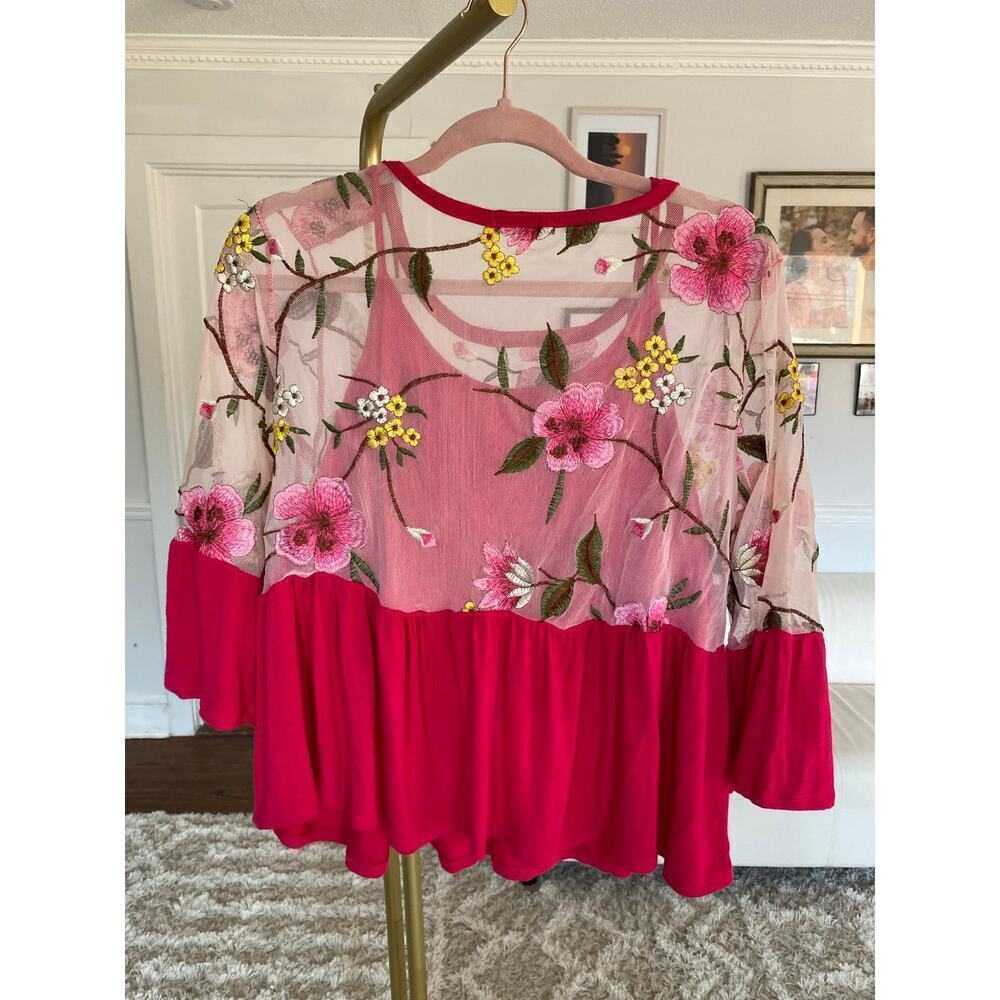 Cha Cha Vente Peplum Top Mesh Romantic Floral Embroidered Quiet Luxury Parisian - Picture 3 of 7